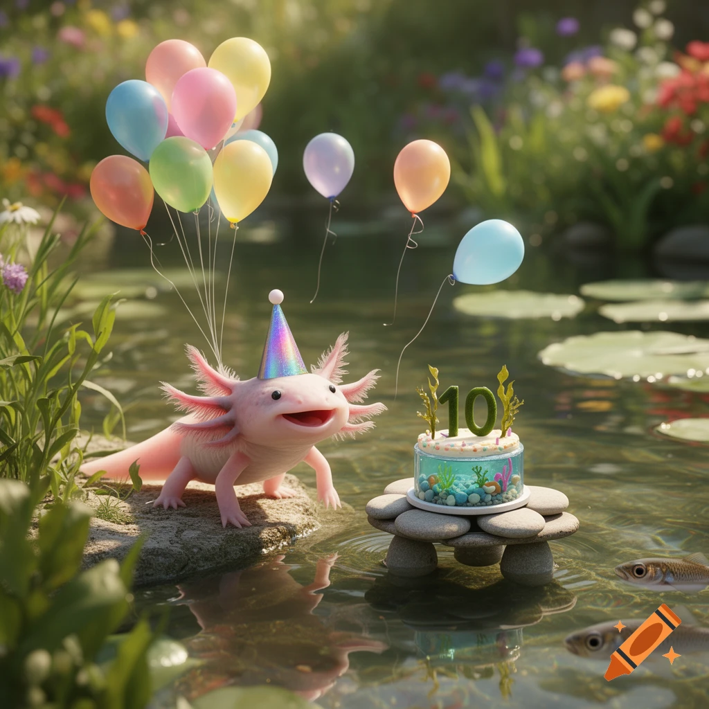 A cute pink axolotl wearing a party hat stands on a rock in a pond with colorful balloons and a birthday cake with the number 10.