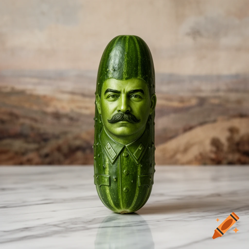 A photorealistic image of a cucumber carved to resemble Joseph Stalin wearing a uniform, standing on a marble surface with a blurred landscape background.