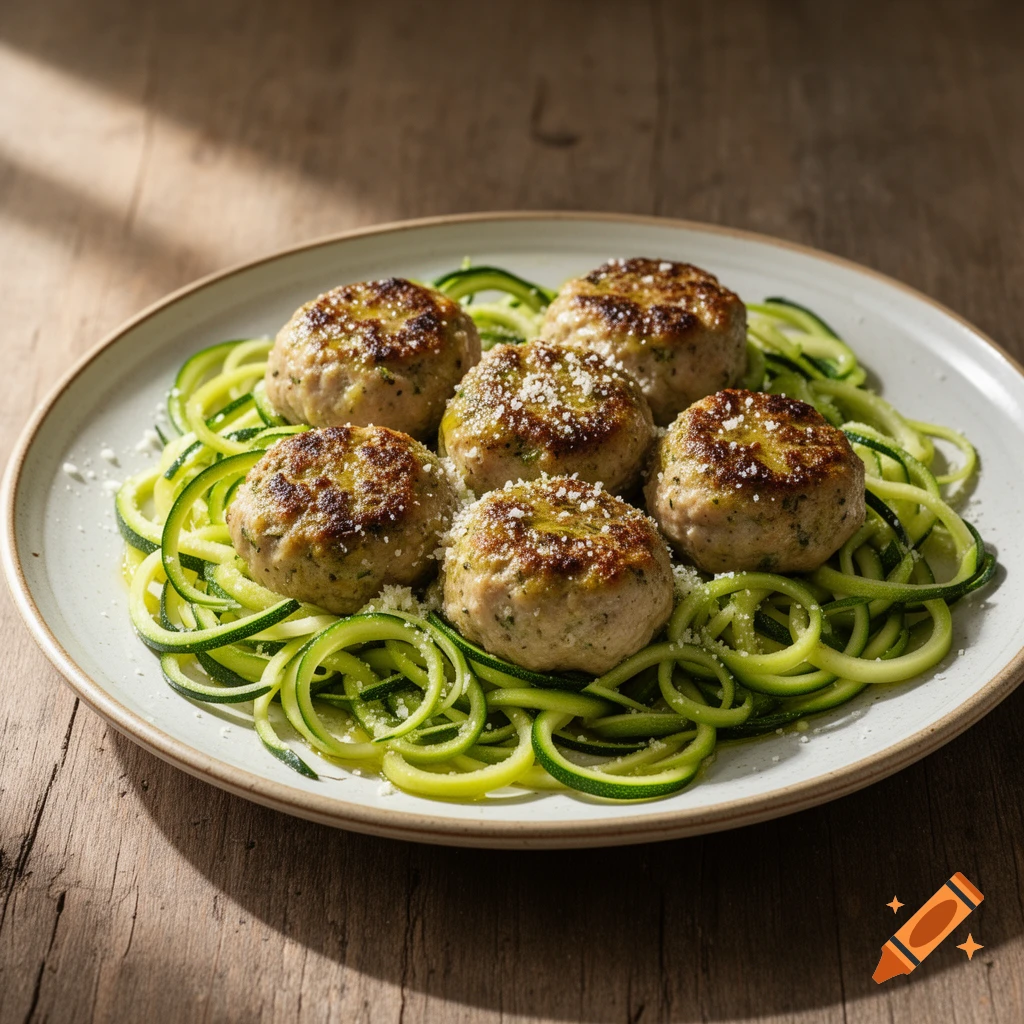 Six turkey meatballs served on a bed of green zucchini noodles, sprinkled with cheese, on a white plate atop a wooden table.