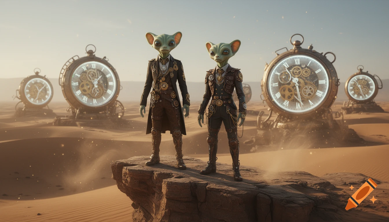 Two anthropomorphic aliens in elaborate steampunk clothes stand on a cliff in a vast desert with huge steampunk clocks, under a hazy sky with golden dust.
