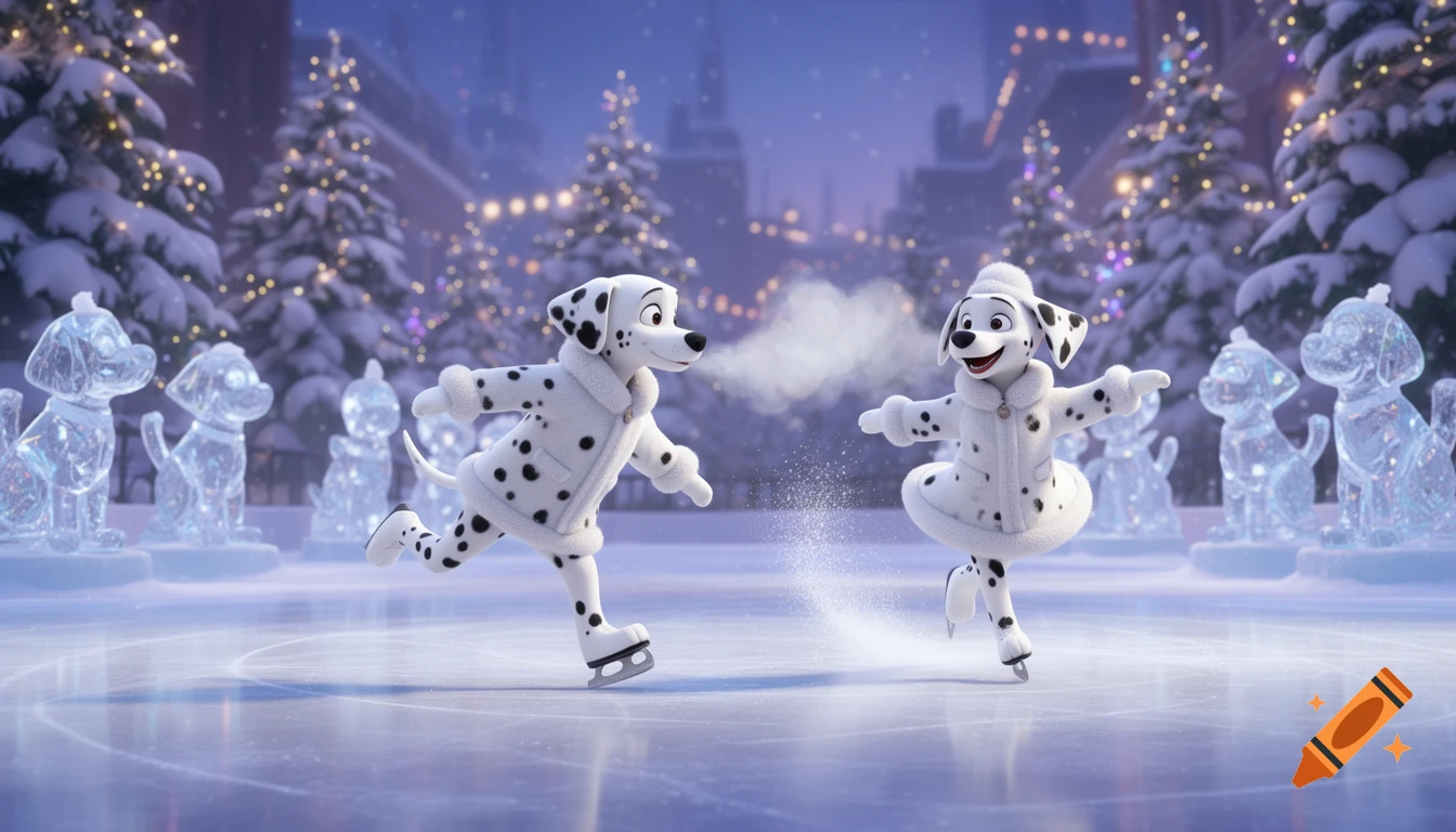 Two cartoon dalmatian puppies ice skate happily on an outdoor rink, exhaling cold air, with snowy trees and ice sculptures in a festive winter scene.
