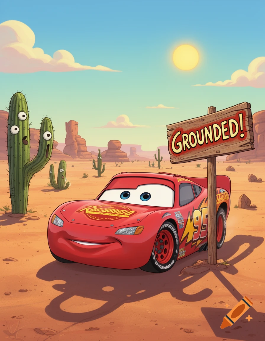 Lightning McQueen looks surprised in a desert landscape next to a 'GROUNDED!' sign, with wide-eyed cacti nearby, in a cartoon style.