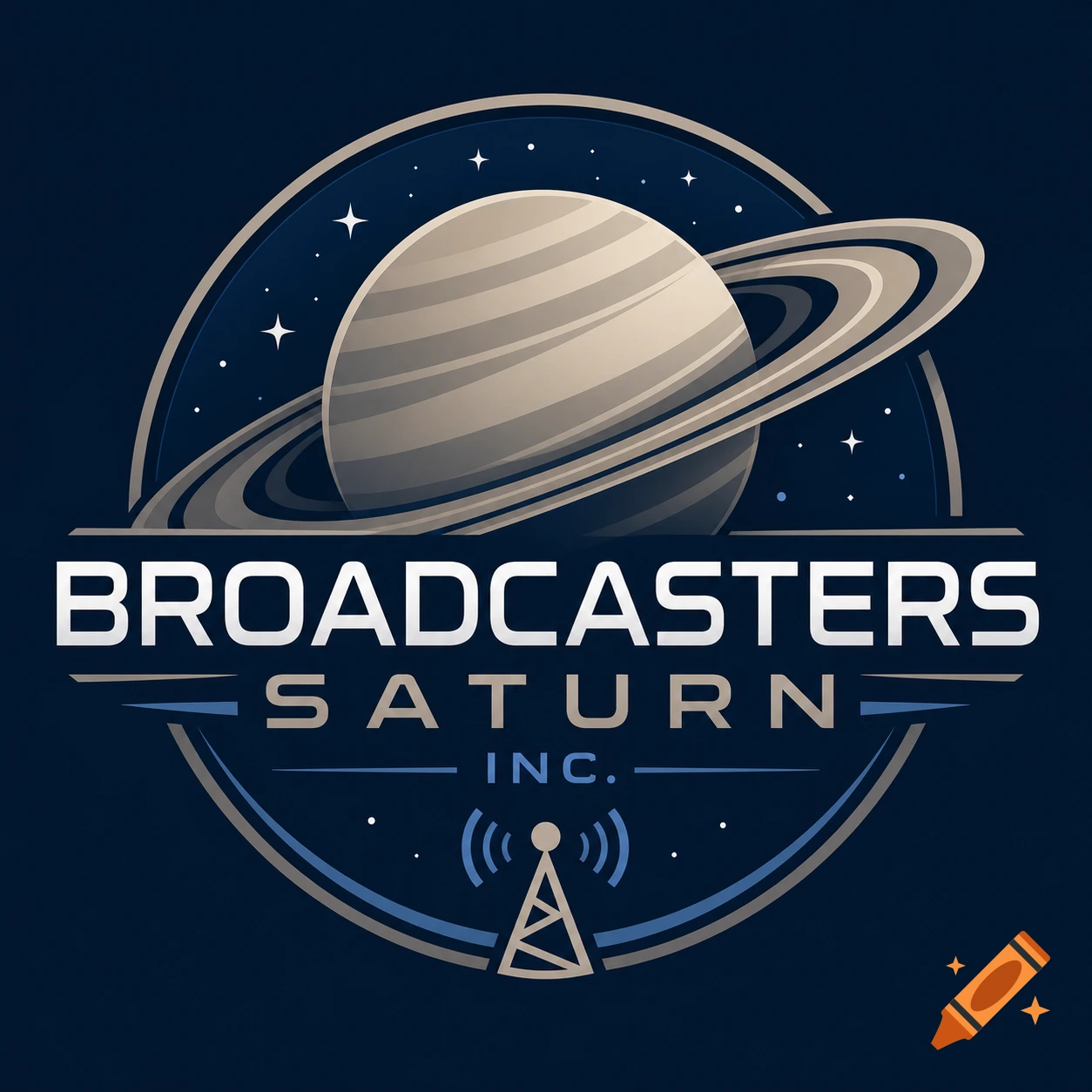 Company logo for Broadcasters Saturn Inc. featuring the planet Saturn, stars, and a broadcast tower on a dark blue background.