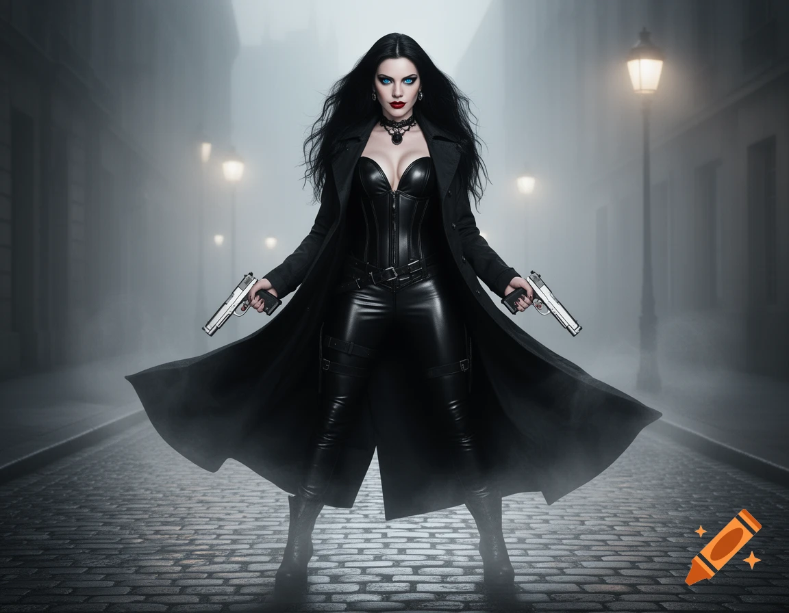 A gothic female vampire in a black trench coat and skintight leather bodysuit brandishes two pistols on a misty cobblestone street.