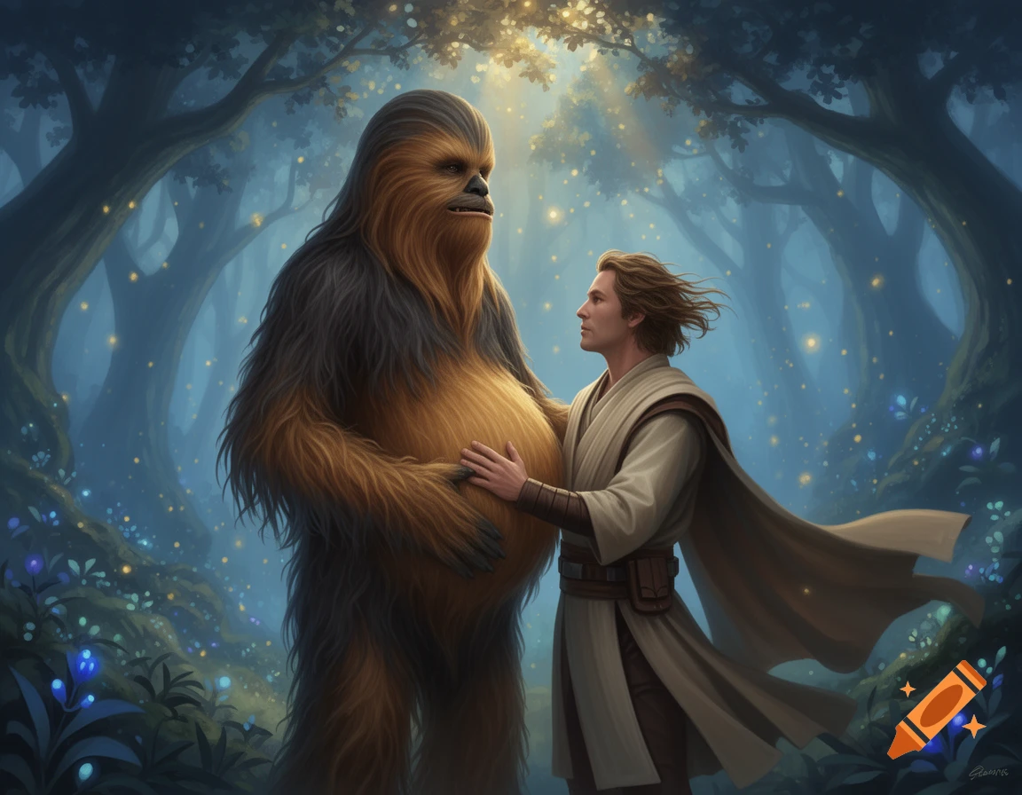 Illustration of a Jedi Knight placing his hand on a pregnant Wookie's belly in a mystical forest with glowing lights and trees.