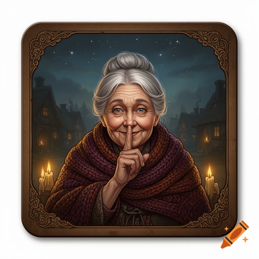 Illustrated portrait of a smiling old woman with grey hair, making a "shhh" gesture, against a quaint village at night, framed like a game card.
