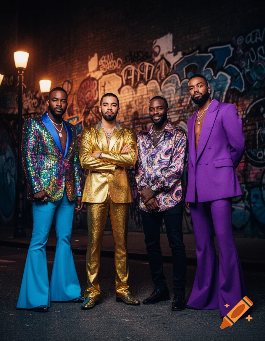 Four men in vibrant, sequined disco/funk outfits pose on a graffiti-covered urban street at night with streetlights.
