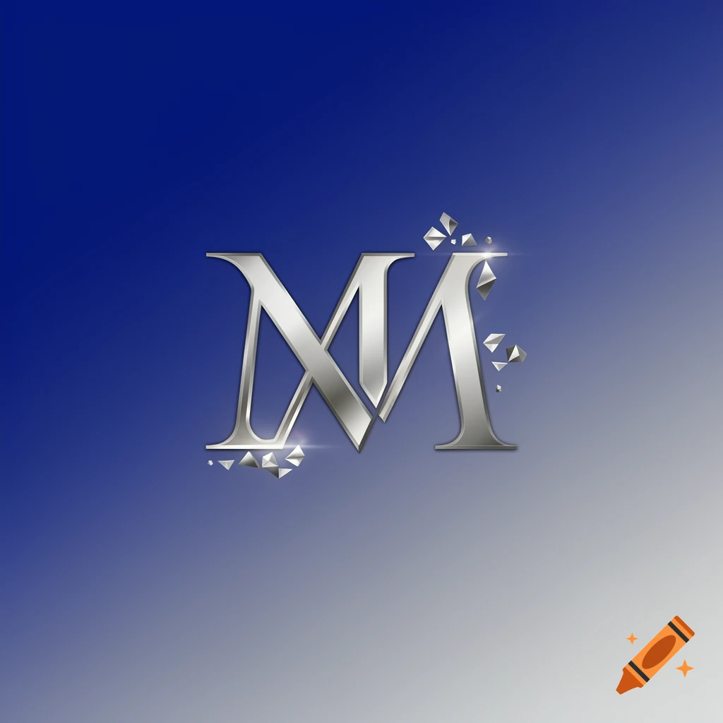 Stylized silver letter M with shattered crystal accents on a blue gradient background.
