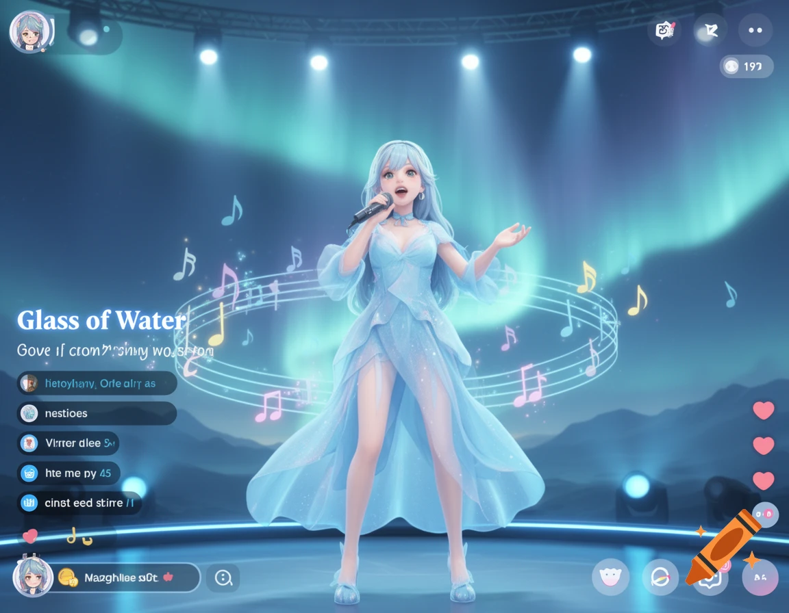 An anime-style female character with light blue hair sings into a microphone on a stage, surrounded by musical notes and blue spotlights.