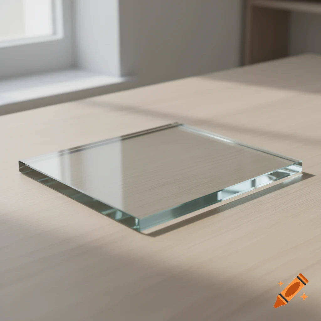 A square, thick pane of window glass lies flat on a light wooden table, reflecting a window.