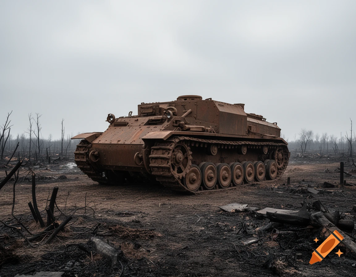 A rusty Alkett VsKfz 617 Minenräumer tank sits in a desolate, burnt landscape under a cloudy sky.