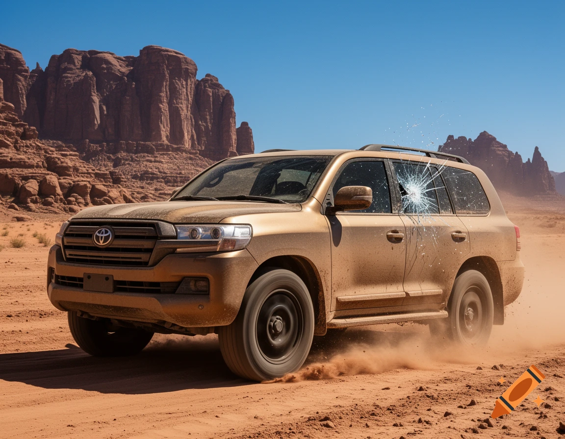 Golden Toyota Land Cruiser SUV kicking up dust in a desert, with a shattered rear passenger window.