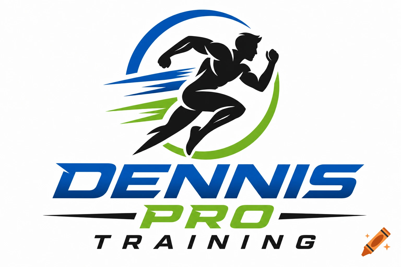 A blue and green logo for Dennis Pro Training featuring a black silhouette of a muscular man running within a stylized circular motion.