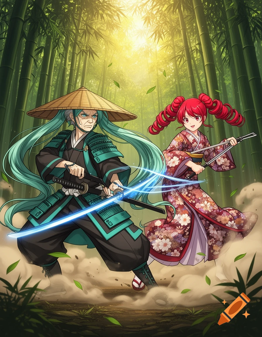 Anime characters, an elderly Miku in samurai armor with a glowing blue katana and Teto in a kimono with sais, fight in a bamboo forest.