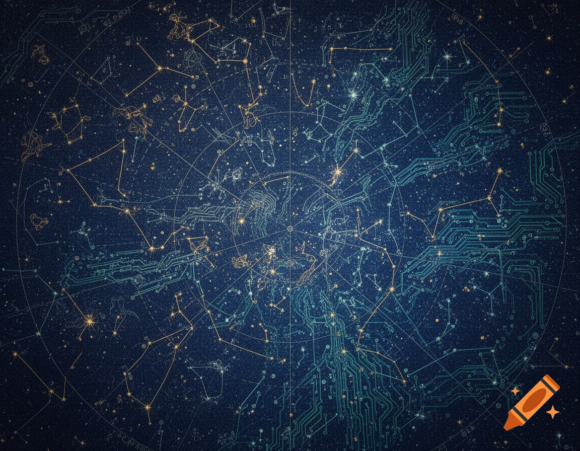A dark blue star map with golden constellations, overlaid with glowing green circuit board patterns.