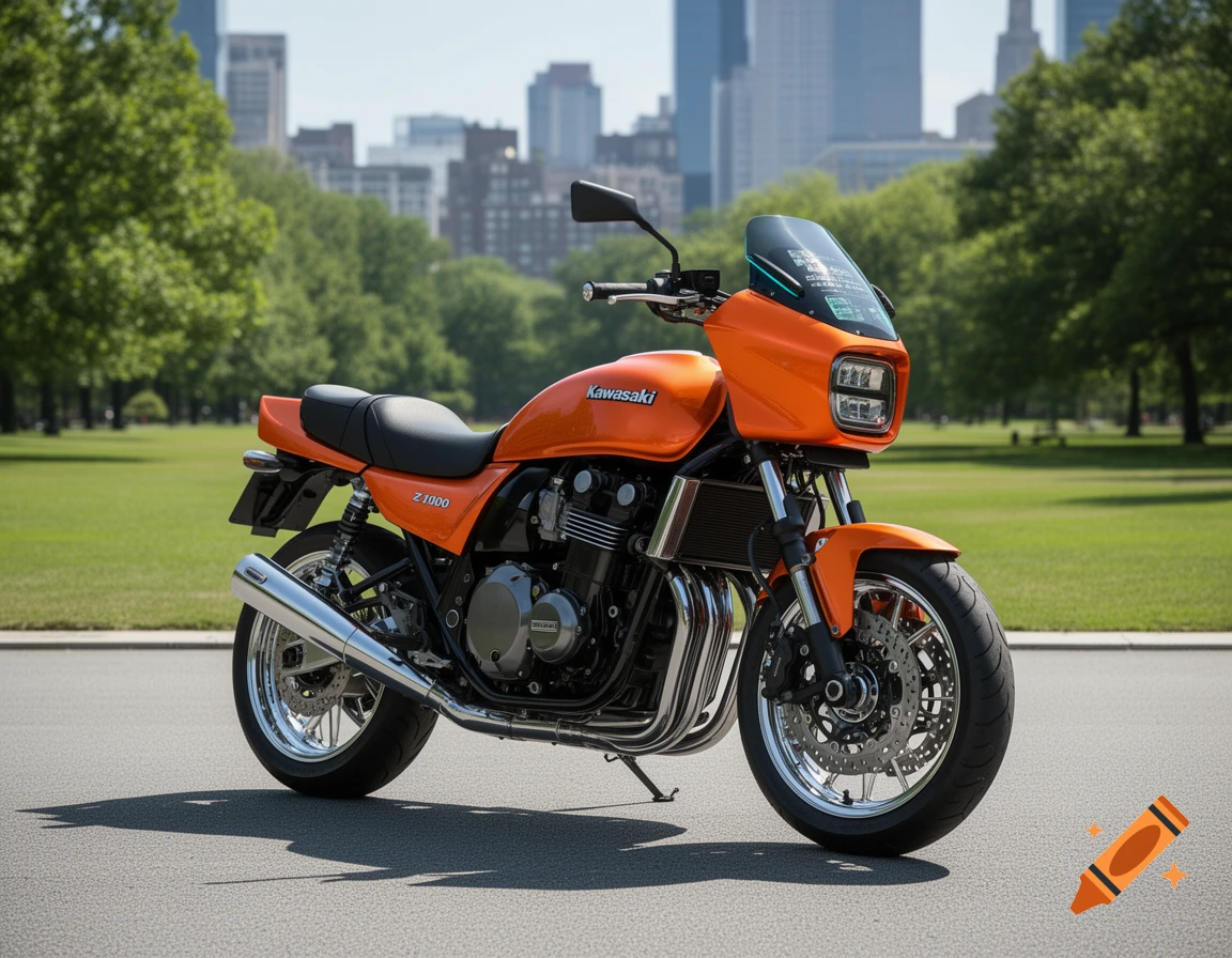 An orange Kawasaki Z1000 motorcycle parked on asphalt with a green park and city skyline in the background.