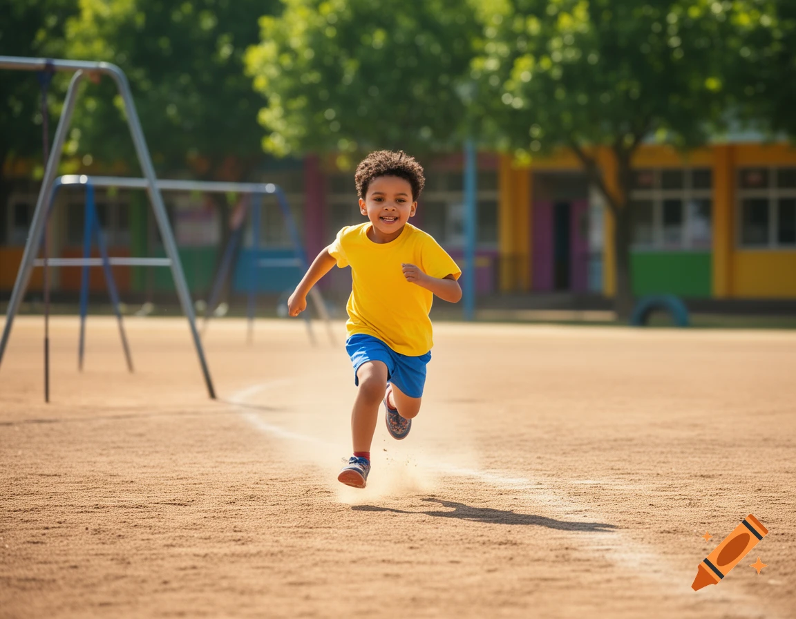 A smiling young boy runs on a dirt playground, kicking up dust, with school buildings in the background. Photorealistic.