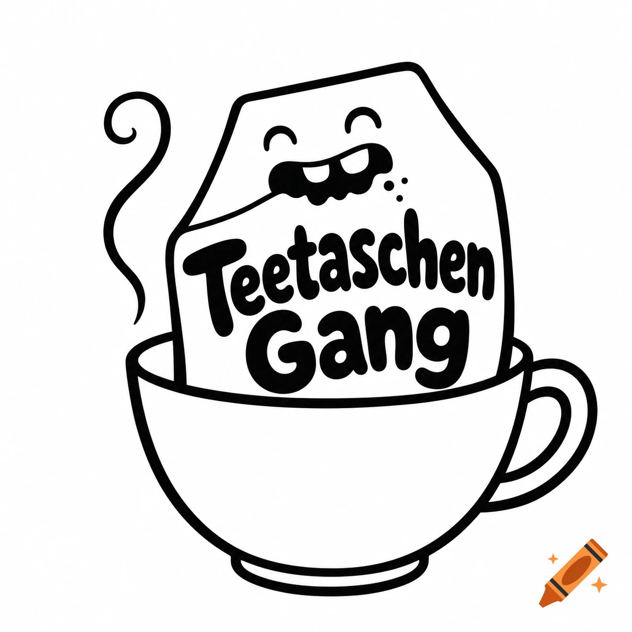 Black and white cartoon logo of a happy tea bag character with text 'Teetaschen Gang' emerging from a teacup.