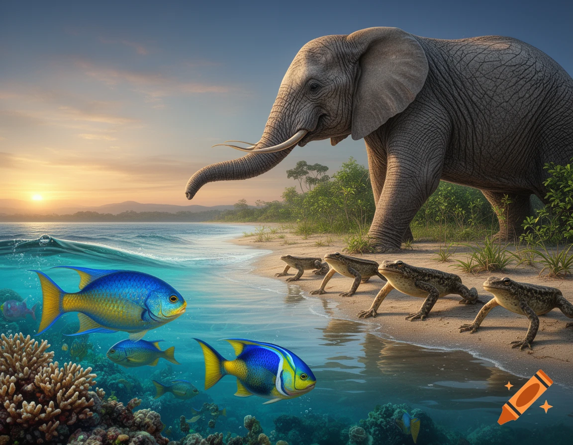 Photorealistic image of an elephant on a beach at sunset, with frogs entering the water and colorful fish swimming among coral underwater.