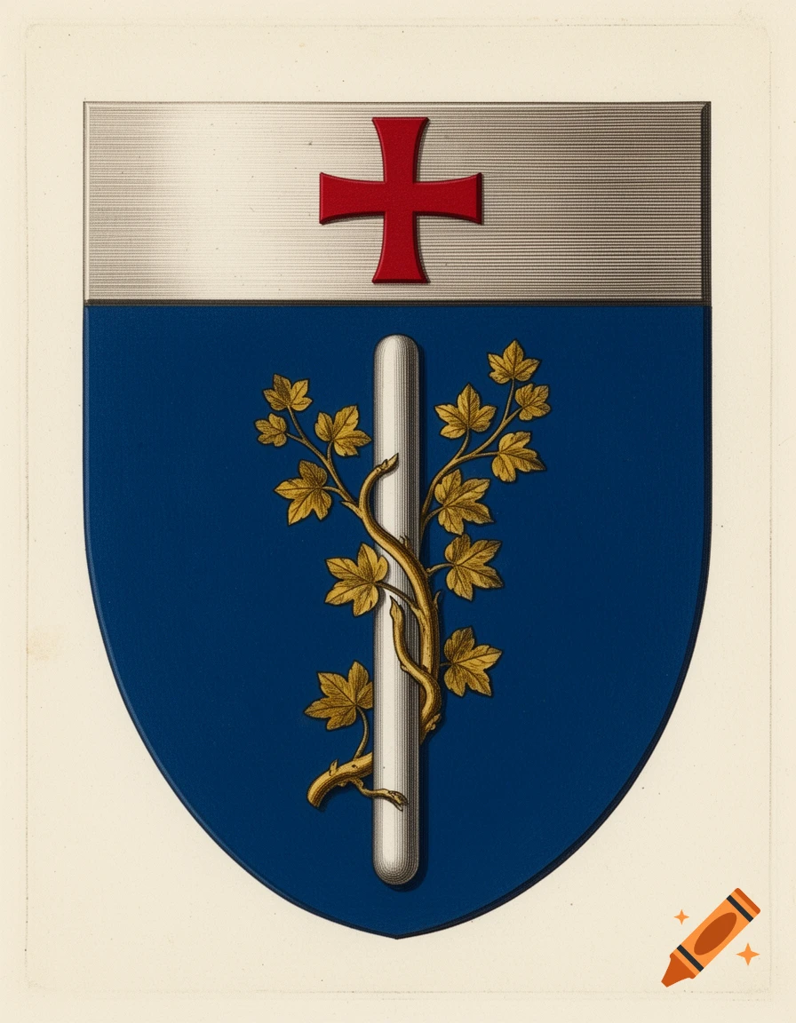 A luxurious 18th-century style French coat of arms, featuring a blue shield with a silver staff entwined with gold ivy, topped by a silver chief with a red cross.