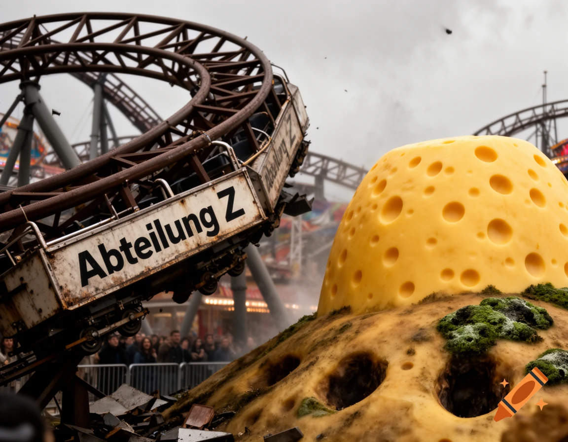 A derailed, rusty rollercoaster car labeled 'Abteilung Z' next to a giant, yellow, holed cheese mound with a mossy base. Photorealistic.