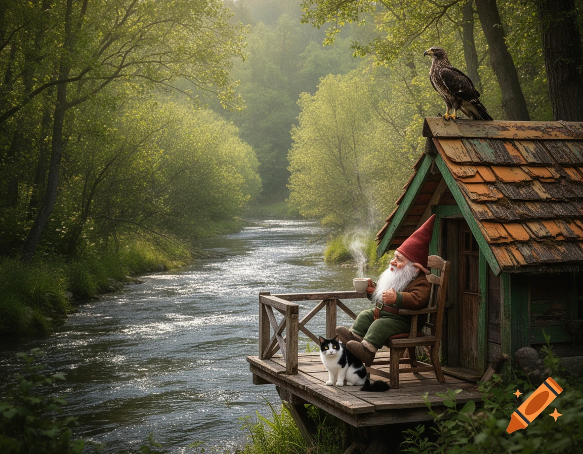 A photorealistic image shows a gnome drinking coffee on a cabin's deck by a river, accompanied by a cat, with an eagle perched on the roof amidst a lush forest.