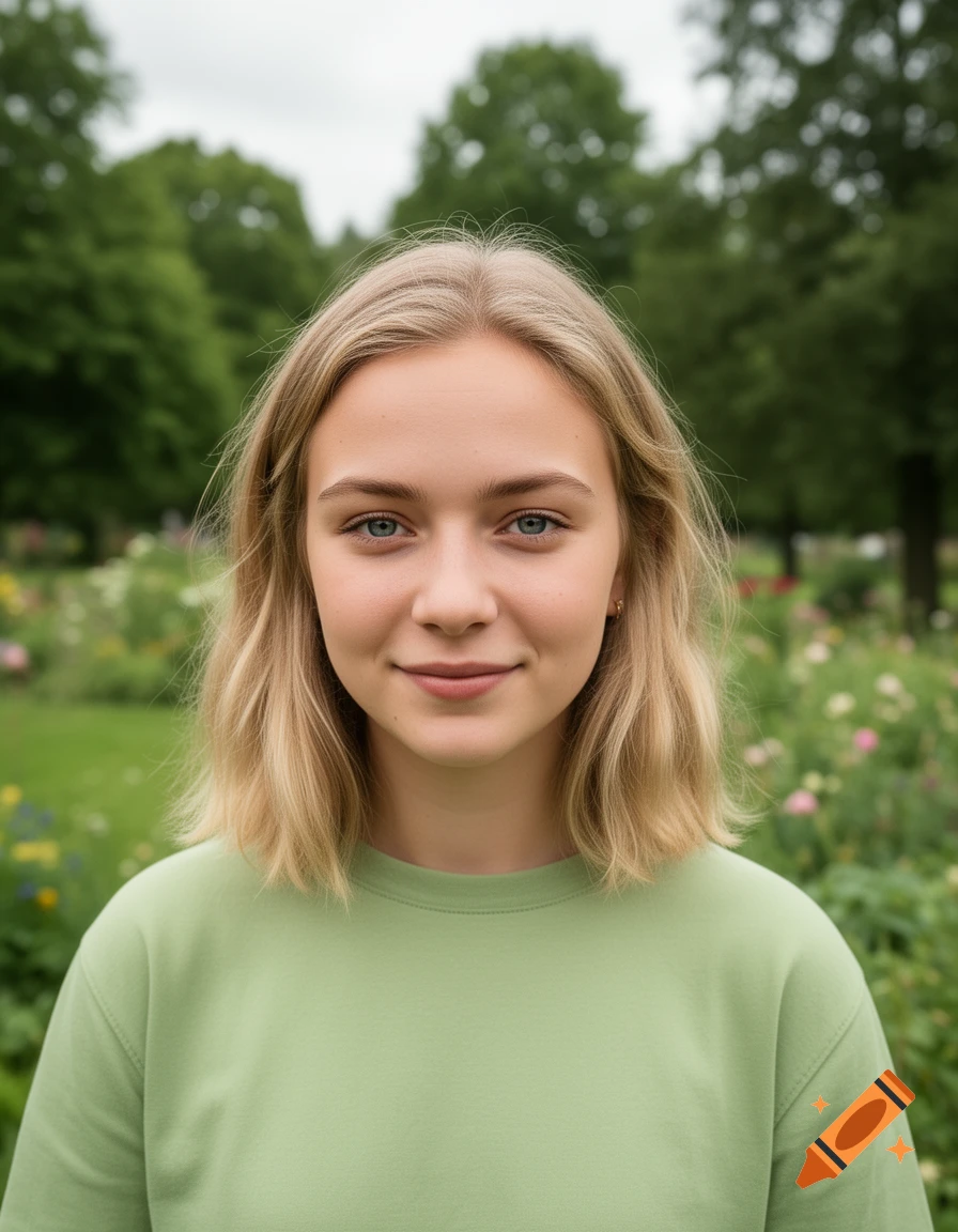 Photorealistic portrait of a young woman with blonde hair and blue eyes, wearing a light green shirt, in a park.