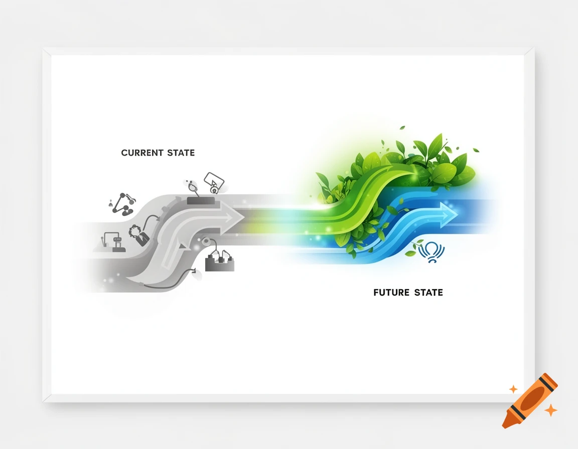 Conceptual diagram showing a transition from a gray 'Current State' with industrial symbols to a vibrant 'Future State' with green leaves.