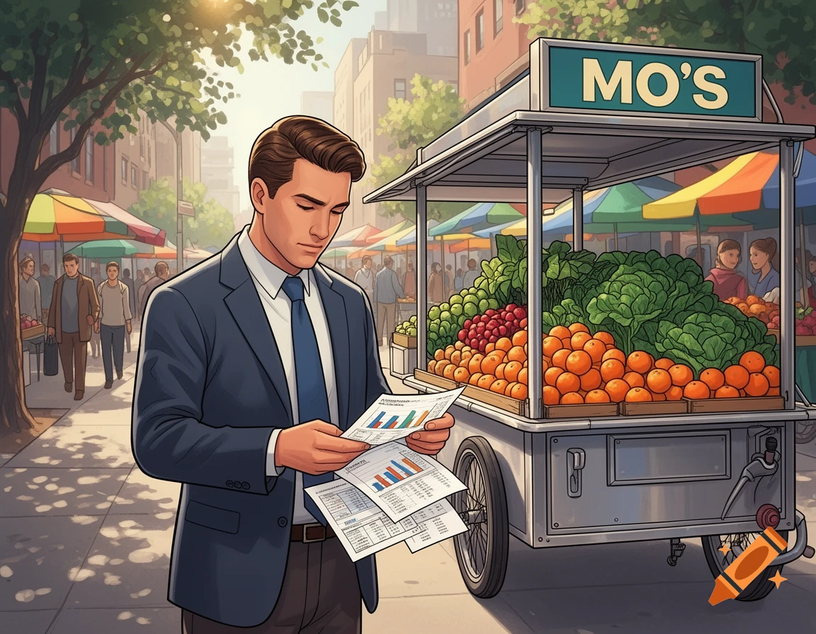 An illustration of a man in a suit reviewing financial reports next to a fruit and vegetable cart with a 'MO'S' sign in a bustling city market.