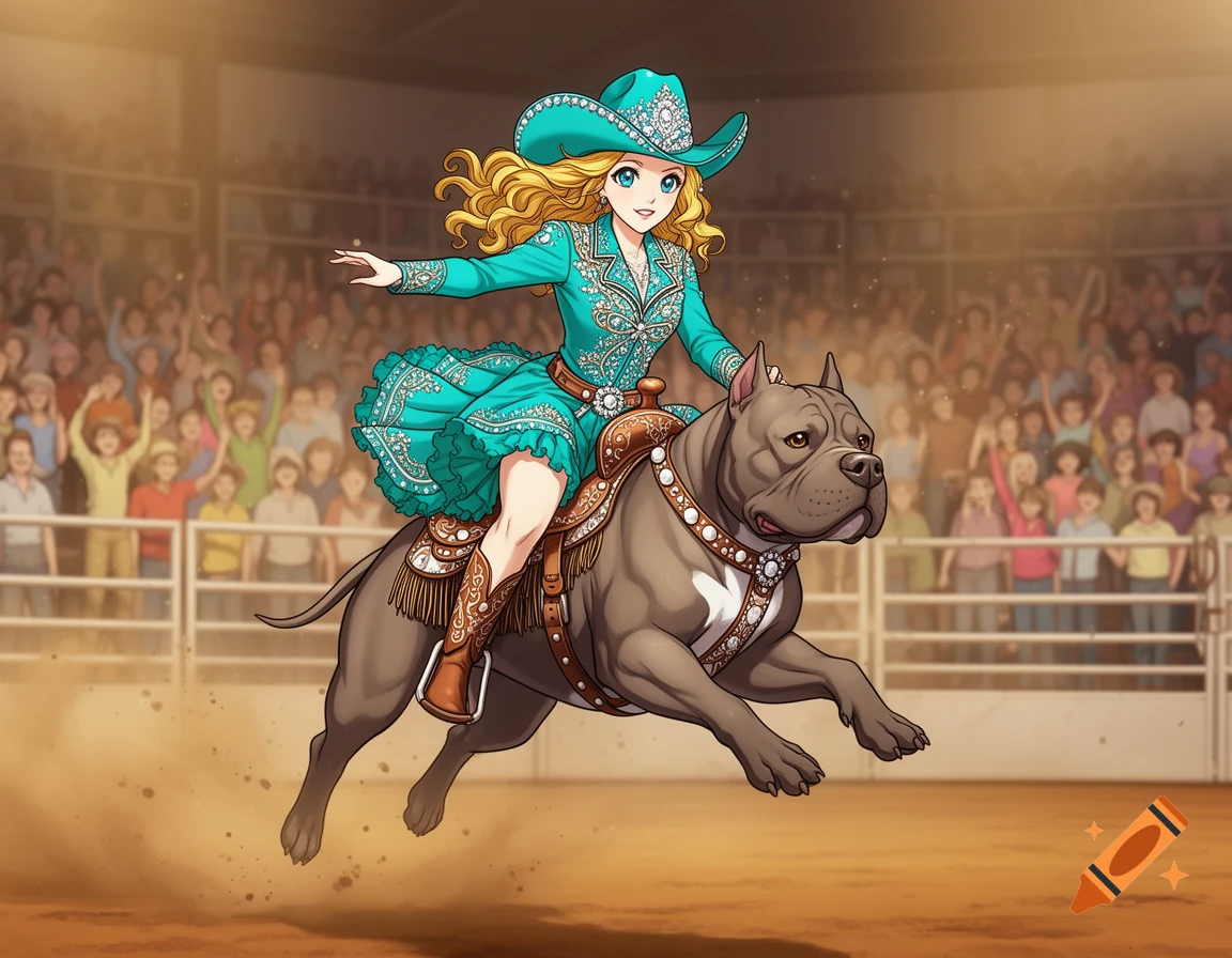 Anime rodeo princess in a turquoise outfit riding a Pit Bull in a dusty arena with a cheering crowd.