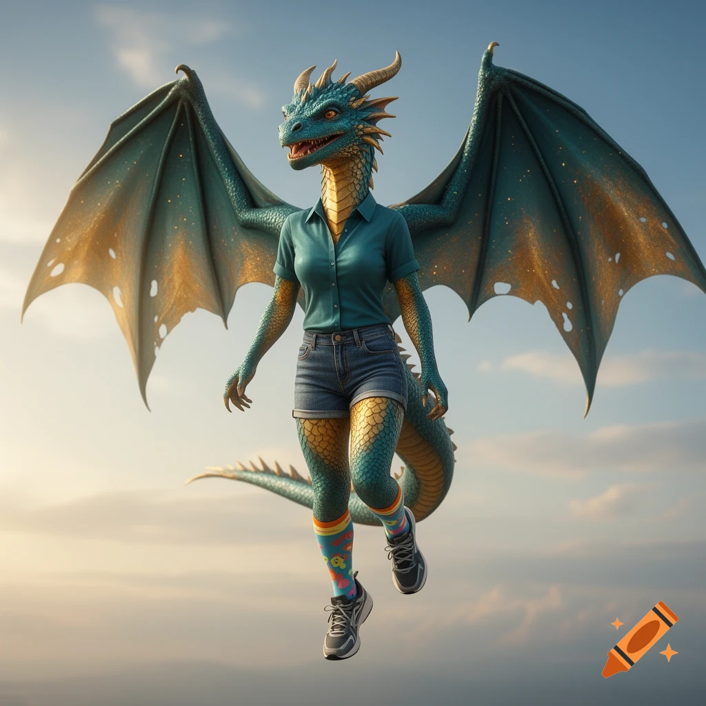 A teal and gold dragon in a teal polo, denim shorts, rainbow knee-high socks, and athletic shoes floats in the sky.