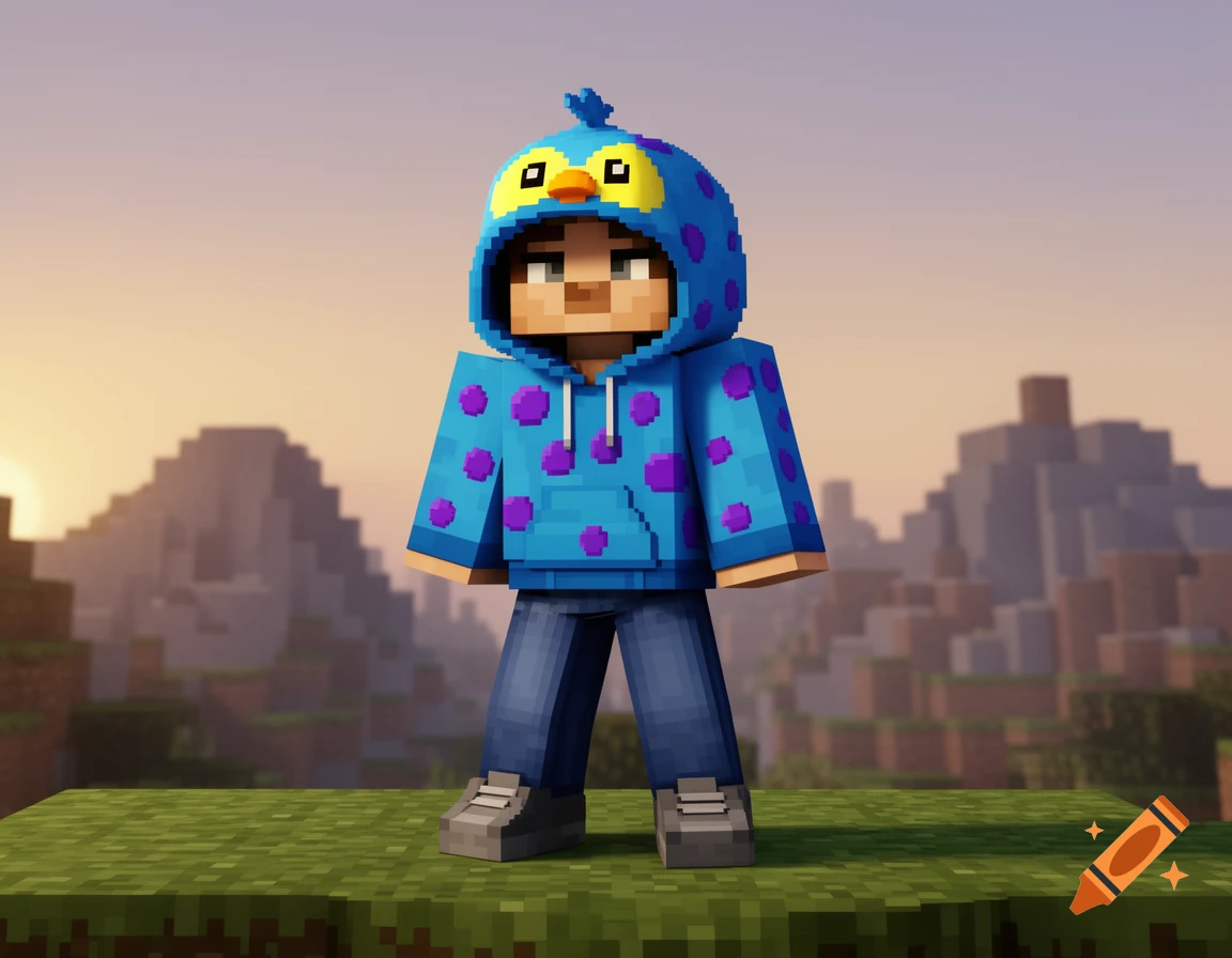 A blocky Minecraft character wearing a blue hoodie with purple spots and a chick's face on the hood, jeans, and grey shoes, standing in a pixelated landscape.