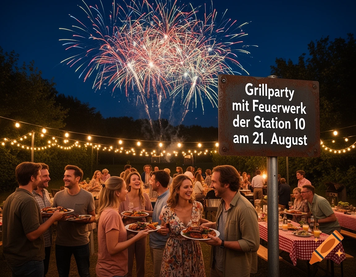 A vibrant outdoor grill party at night with people eating, string lights, and colorful fireworks exploding in the dark sky.