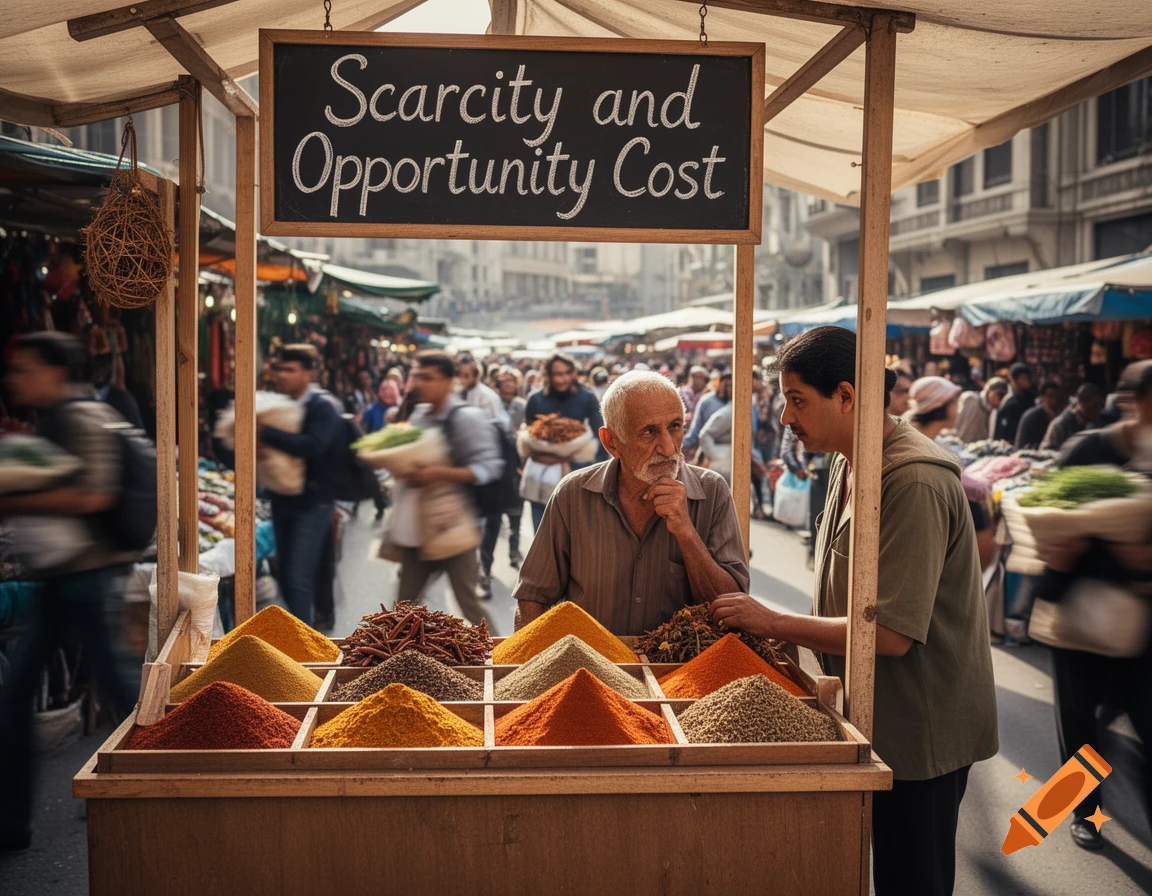 Photorealistic image of a bustling market stall with colorful spice mounds, two men, and a sign reading 'Scarcity and Opportunity Cost'.