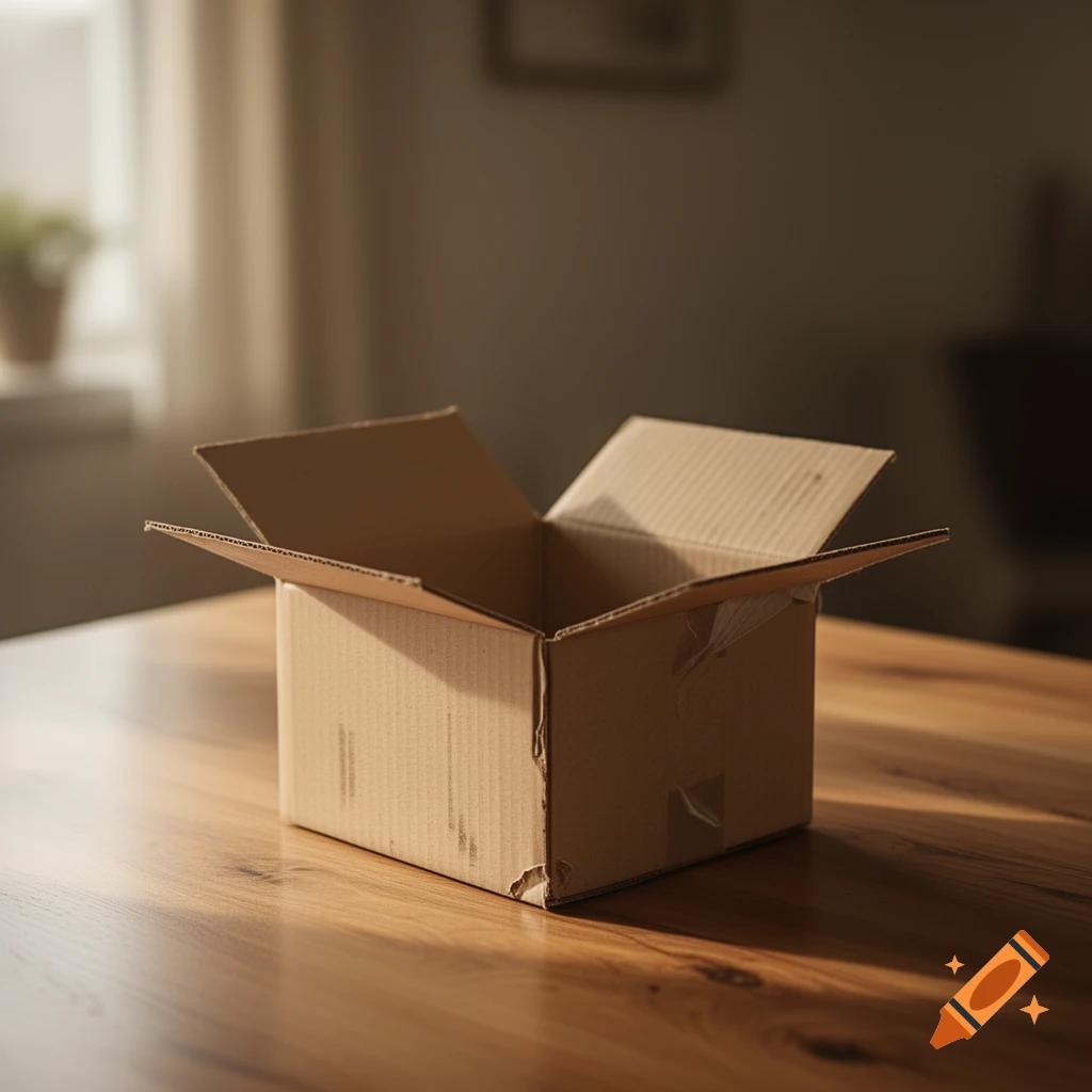 An opened cardboard box sits on a wooden table, bathed in soft light from a window.