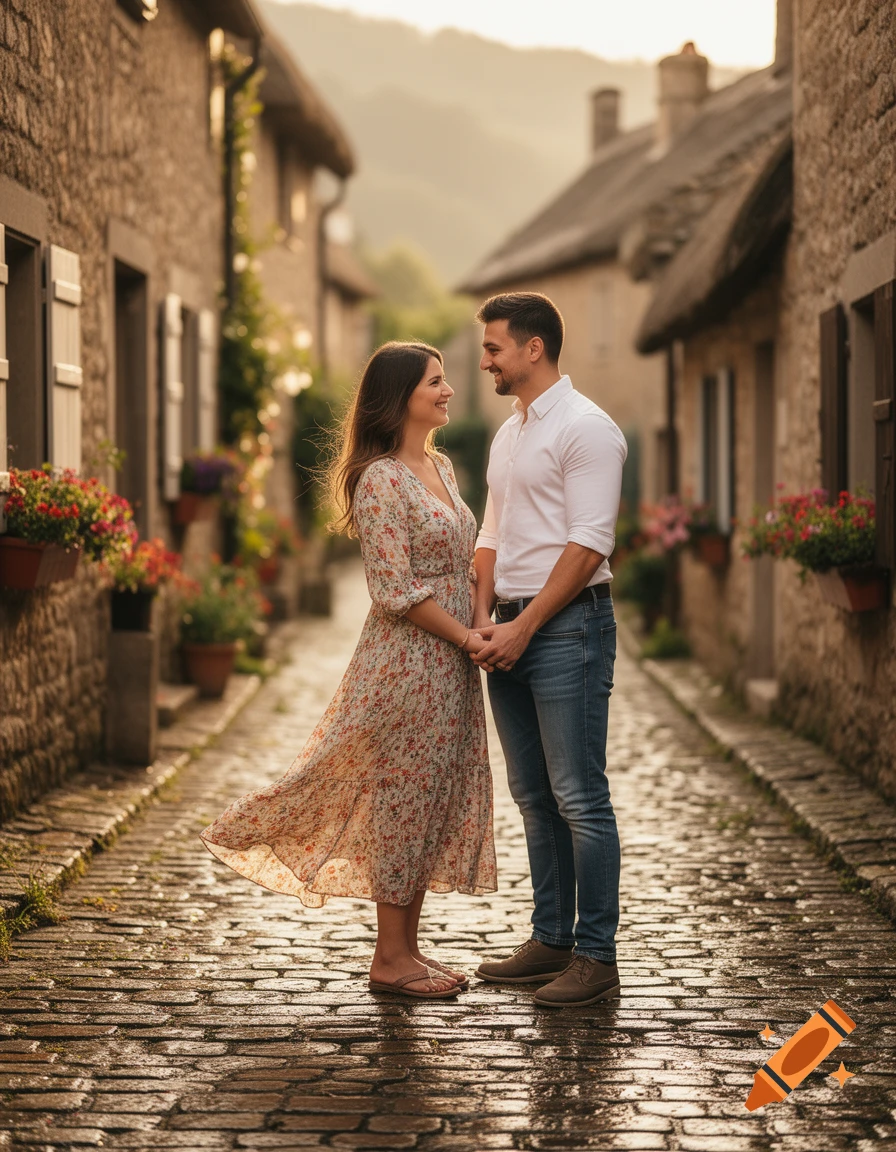 A smiling couple holds hands and looks at each other on a wet cobblestone street at golden hour, flanked by old stone buildings.