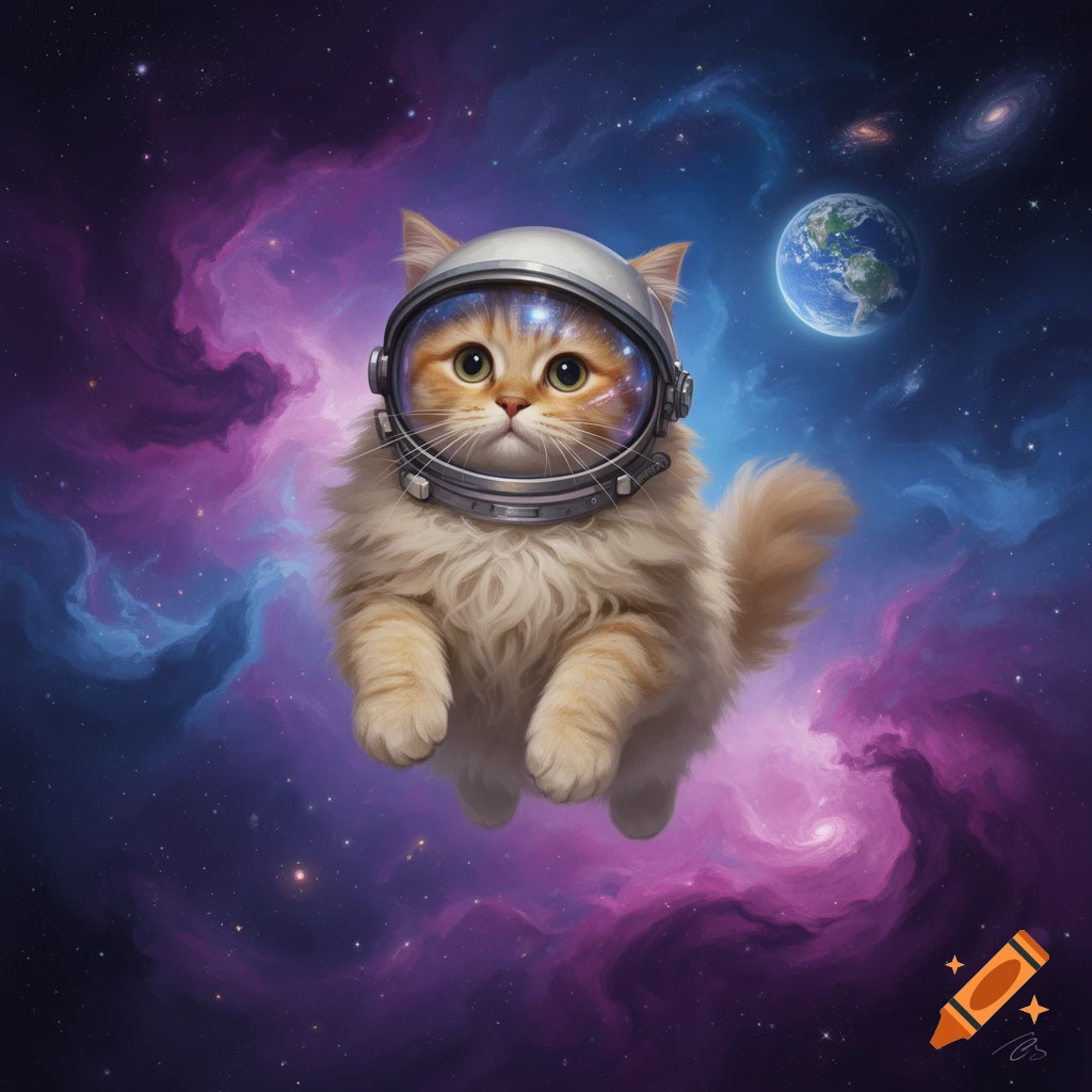 A fluffy orange cat in an astronaut helmet floats in vibrant space with colorful nebulas, stars, galaxies, and Earth. Digital art.