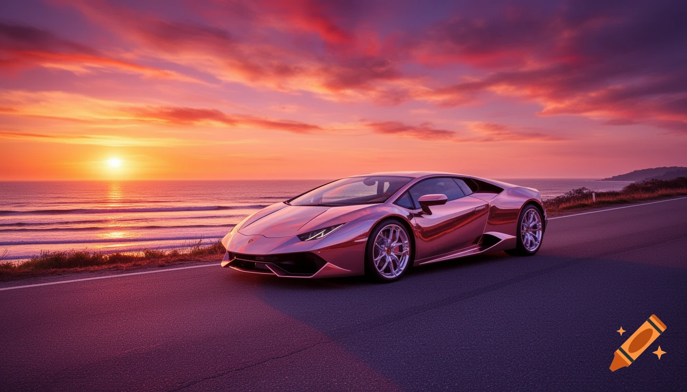 A metallic pink Lamborghini Huracan parked on a coastal road, reflecting a vibrant red and orange sunset over the ocean.