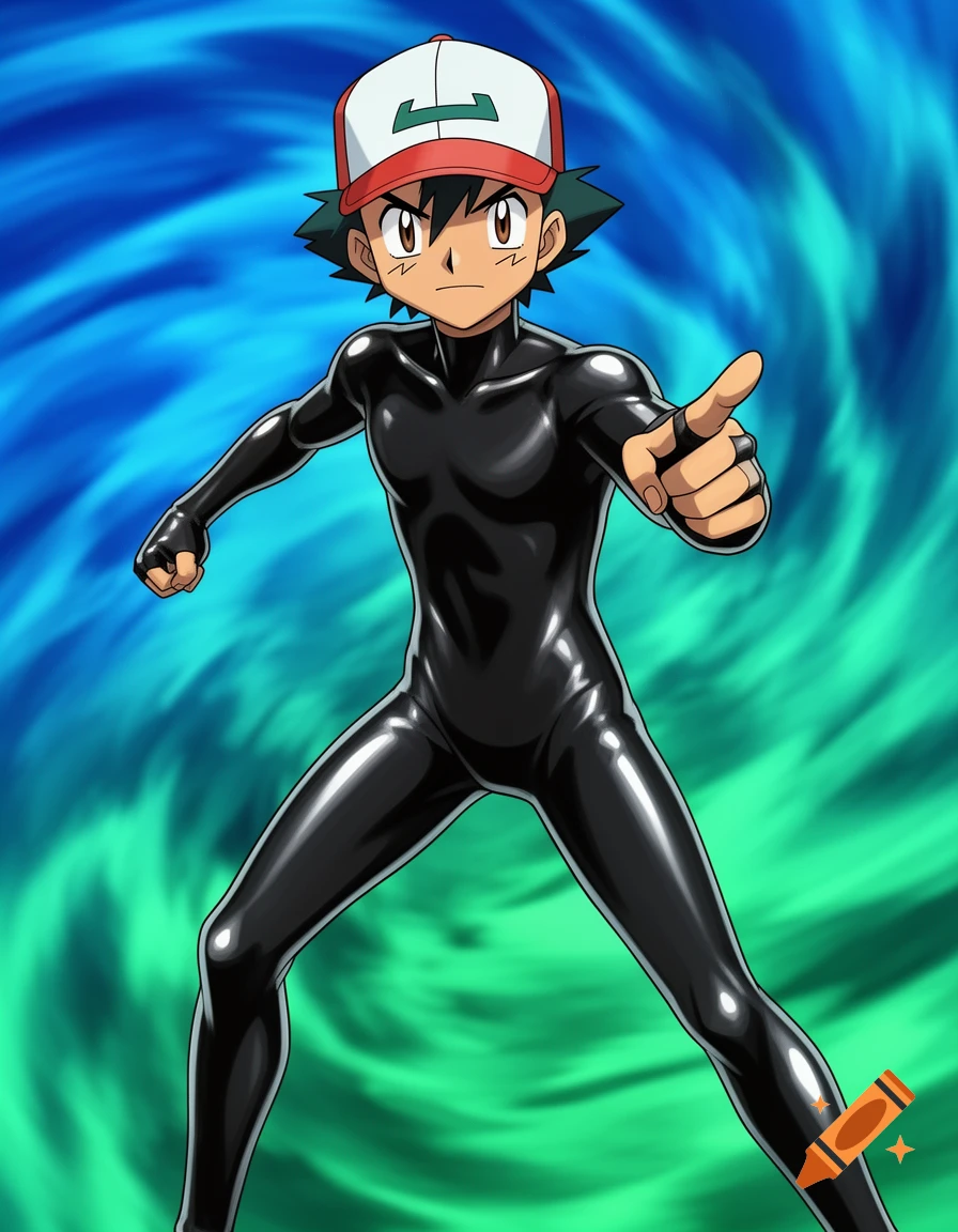 Ash Ketchum from Pokémon in a glossy black latex bodysuit, pointing forward against a blue and green swirling background.