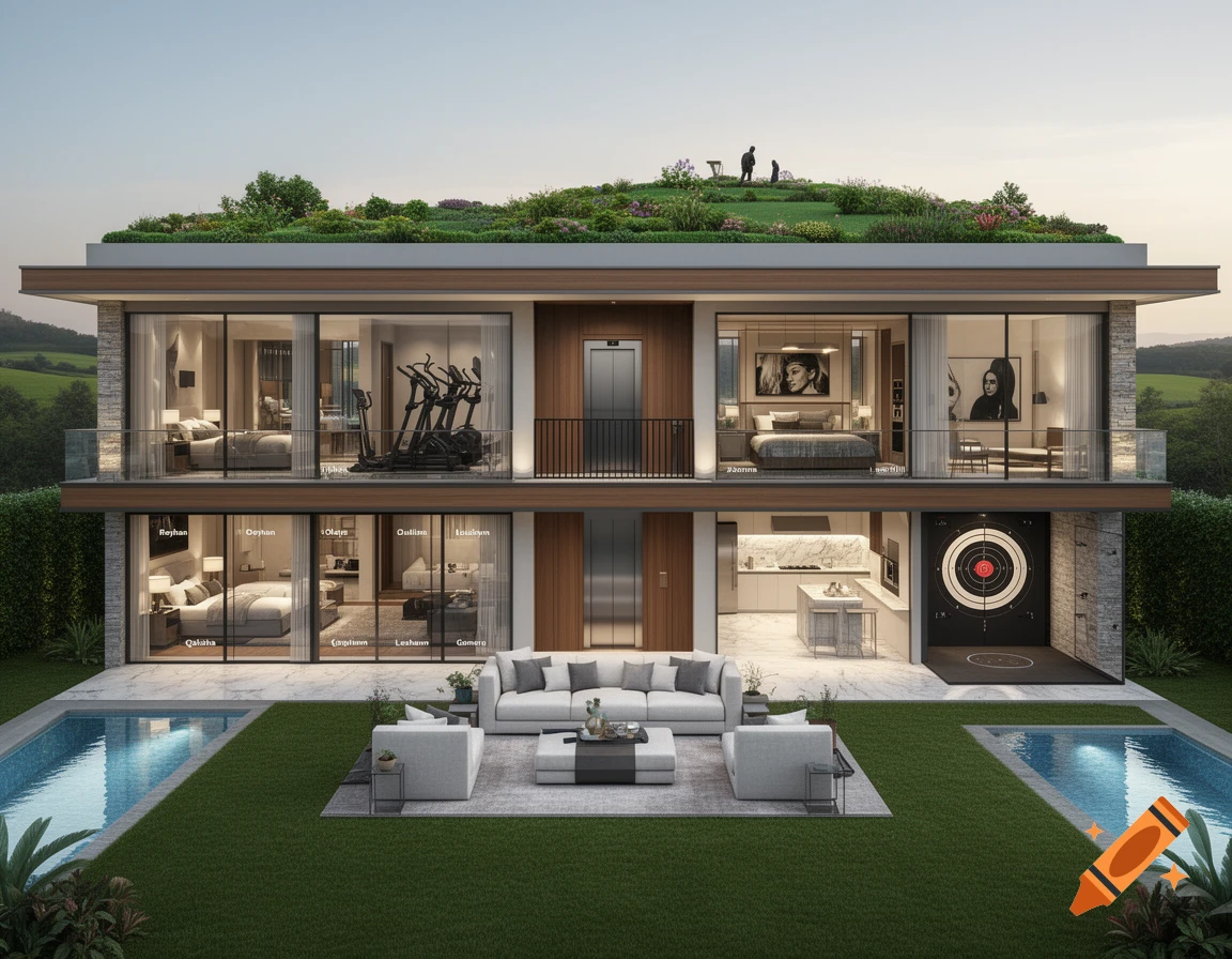 A modern two-story house with a green roof garden, two swimming pools, an outdoor lounge, and visible interior rooms.