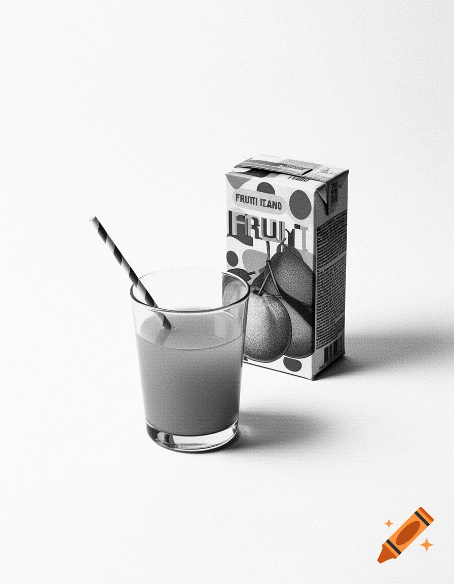 Black and white studio photo of a glass of fruit juice with a striped straw and a vintage juice carton.