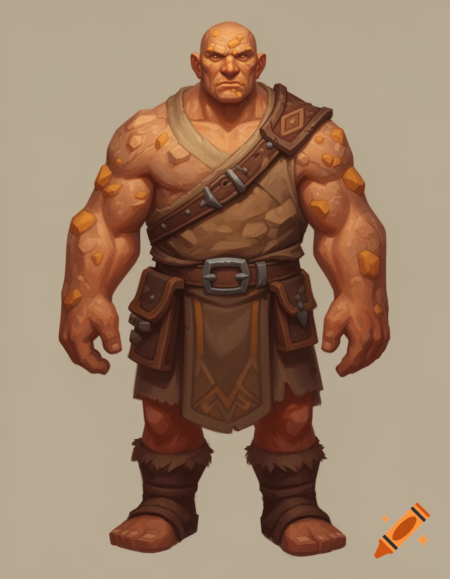 Stylized painterly game art of a bald, muscular fantasy character with warm stone-like skin, wearing practical brown clothing.