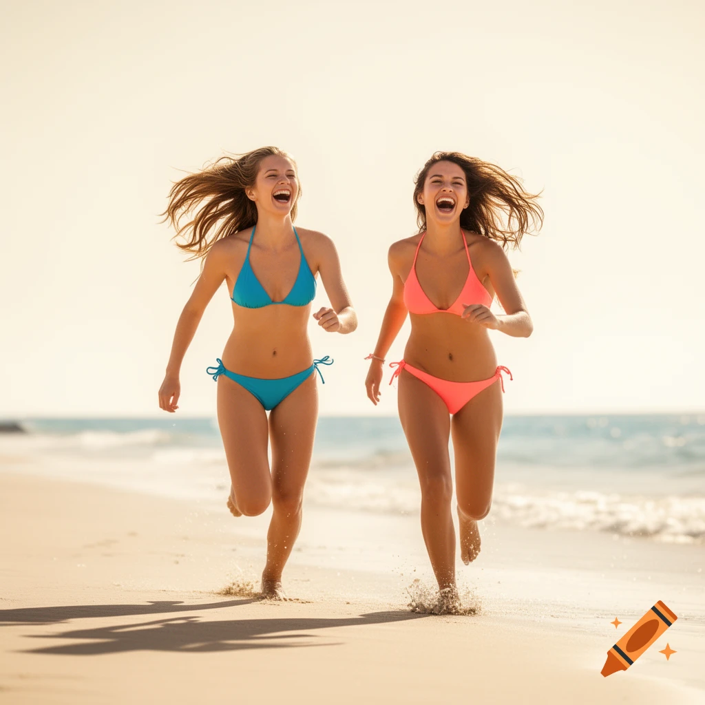 Two smiling women in bikinis run barefoot along a sandy beach with the ocean in the background.