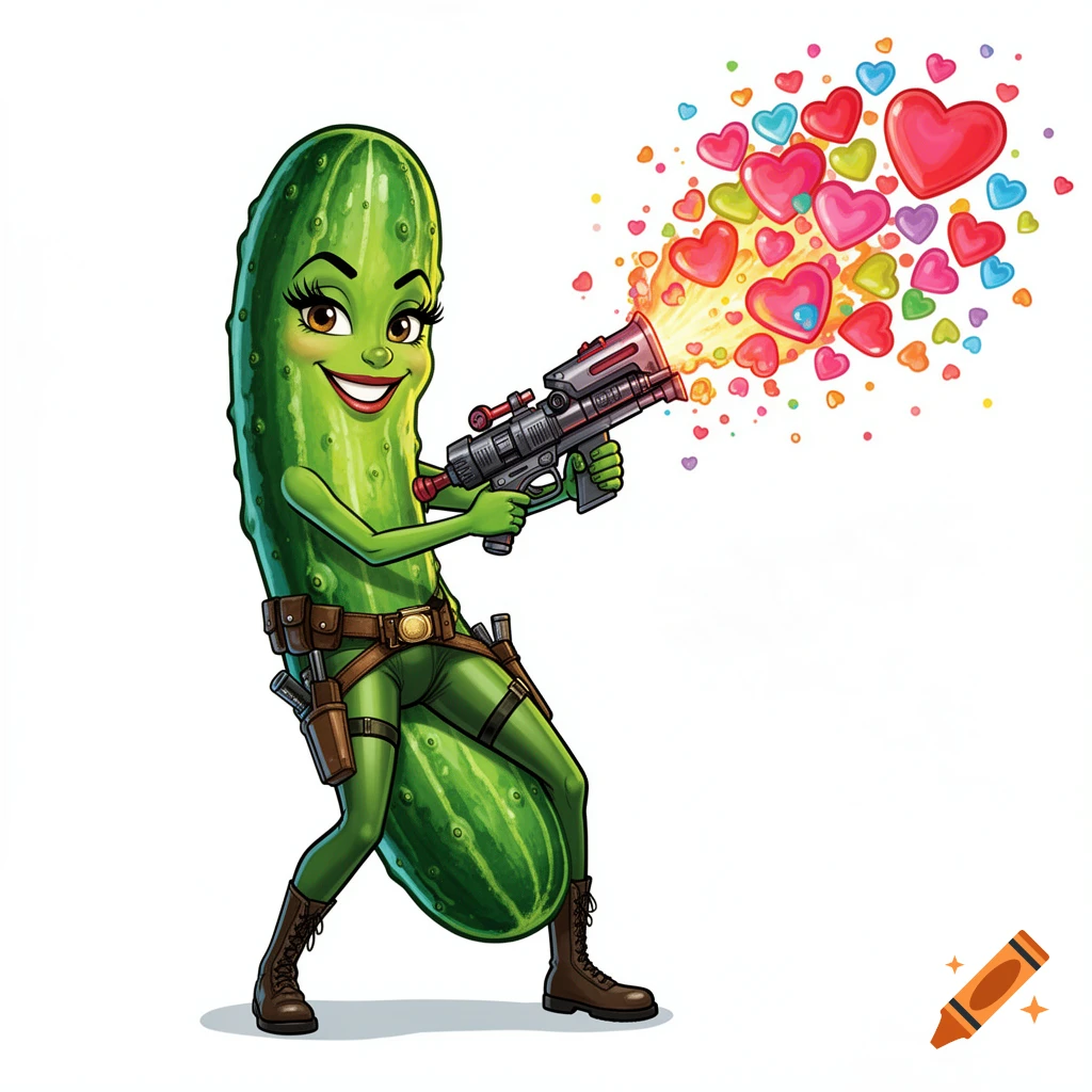 A comic-style anthropomorphic female cucumber dressed like Lara Croft, shooting colorful hearts from a futuristic gun.