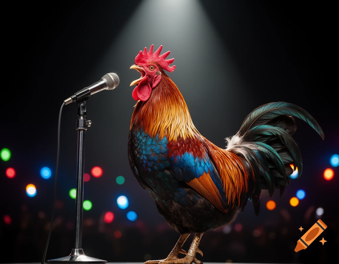 A colorful rooster crowing into a microphone on a spotlighted stage with blurred background lights.
