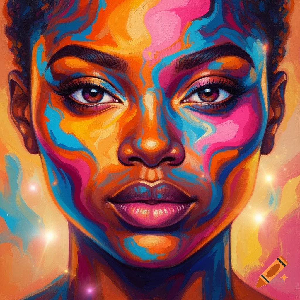 Close-up, abstract portrait of a woman's face painted with vibrant, swirling orange, blue, and pink colors.