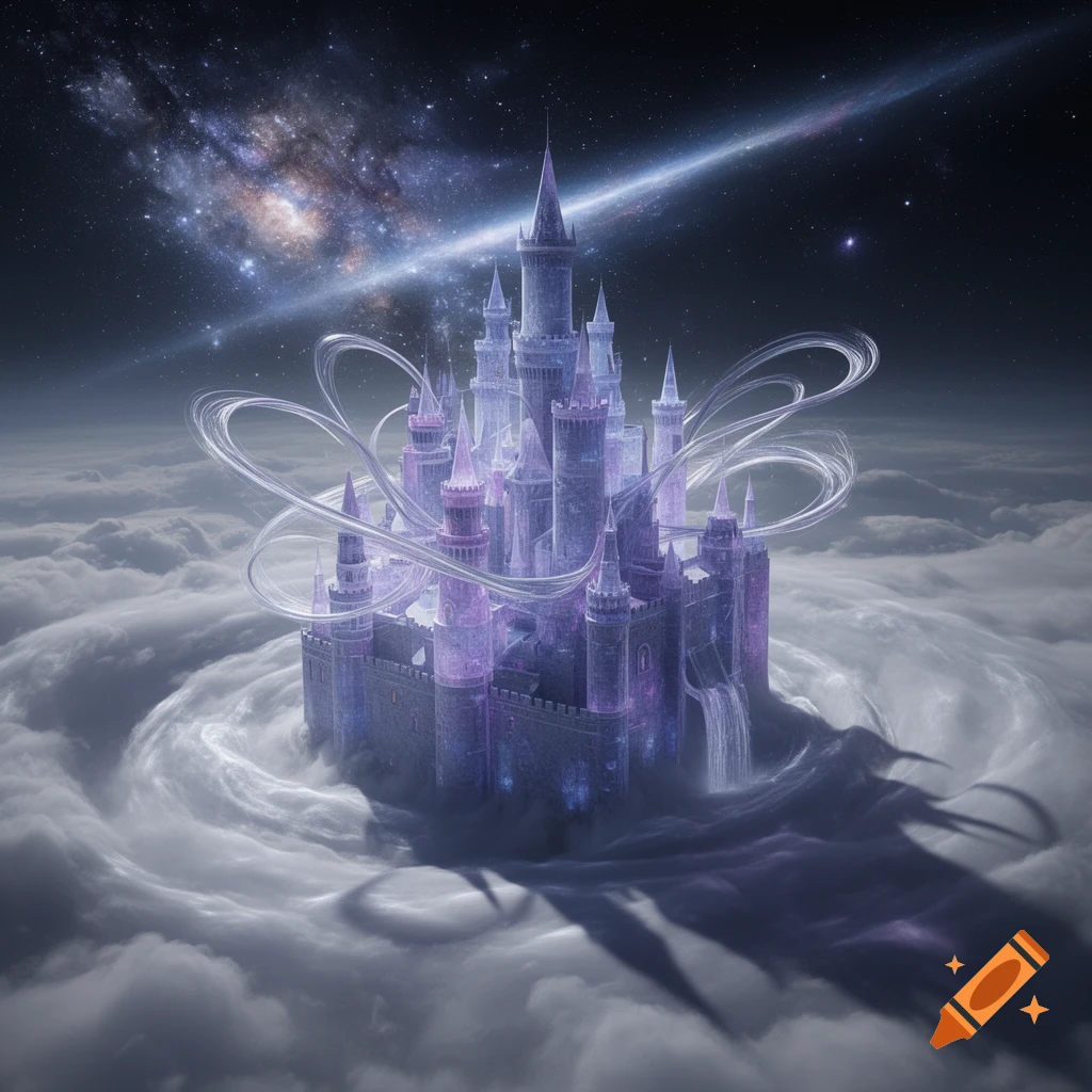 A majestic, glowing purple and blue fantasy castle with multiple spires floats on swirling clouds against a starry night sky with a prominent galaxy.