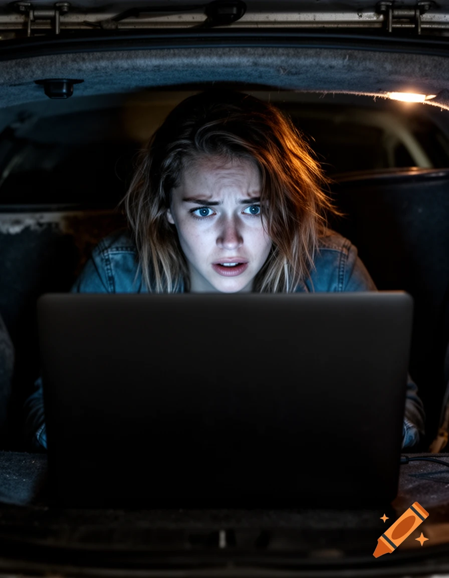A scared woman with wide blue eyes looks at a dark laptop screen while sitting in the trunk of a car, illuminated by an overhead light.