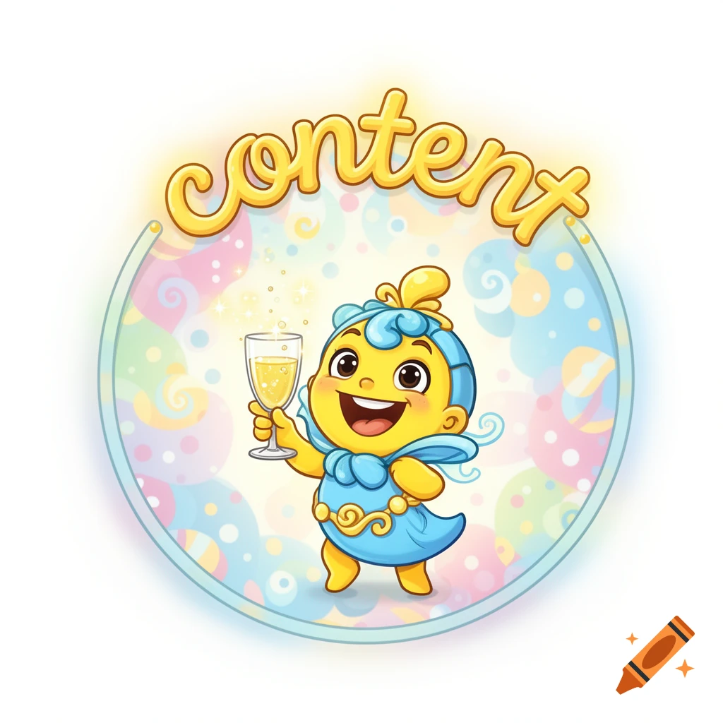 A cheerful yellow and blue cartoon character holds a champagne glass, with 'content' text above, in a whimsical circle illustration.