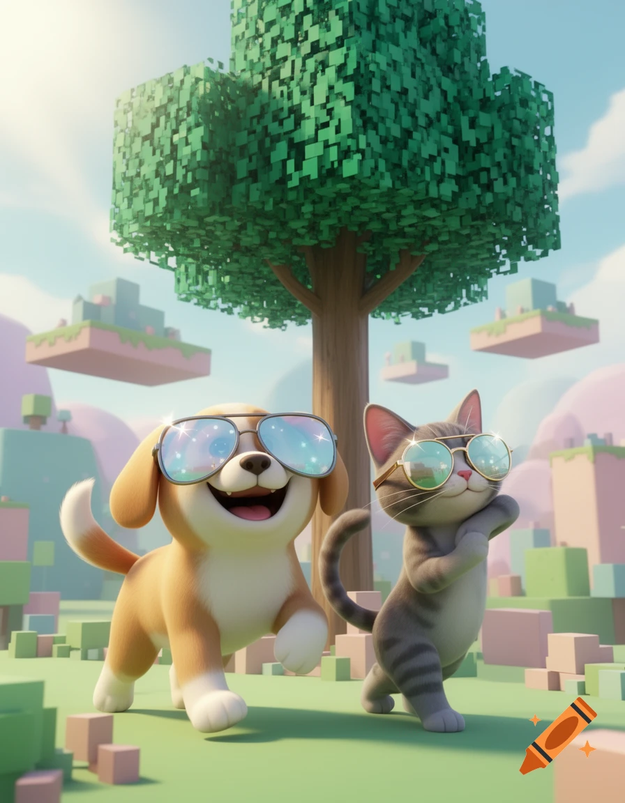 A cute cartoon dog and cat in sunglasses walk through a blocky, Minecraft-like landscape under a blue sky.